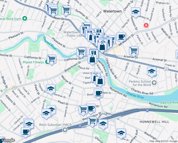 map of restaurants, bars, coffee shops, grocery stores, and more near 23 Union Street in Watertown