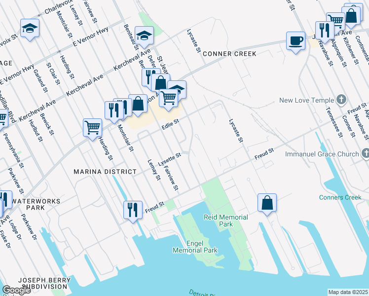 map of restaurants, bars, coffee shops, grocery stores, and more near 610 Beniteau Street in Detroit