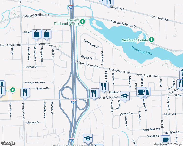 map of restaurants, bars, coffee shops, grocery stores, and more near 10075 Wolfriver Drive in Plymouth