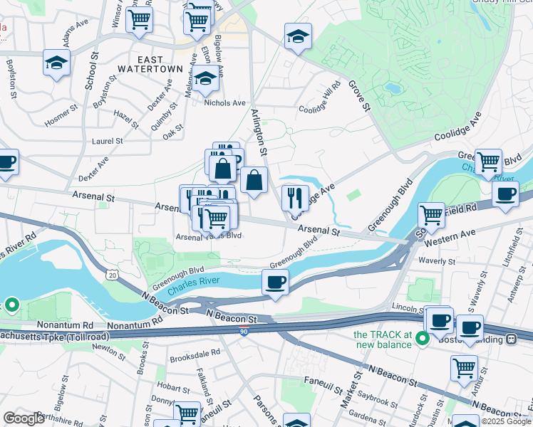 map of restaurants, bars, coffee shops, grocery stores, and more near 570 Arsenal Street in Watertown