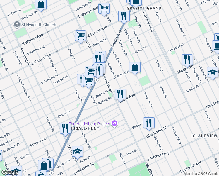 map of restaurants, bars, coffee shops, grocery stores, and more near 3812 Mount Elliott Street in Detroit