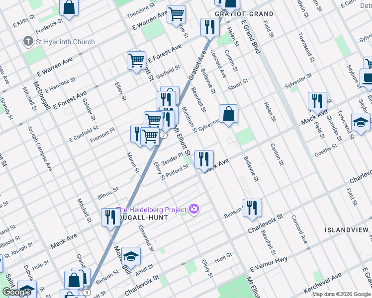 map of restaurants, bars, coffee shops, grocery stores, and more near 3812 Mount Elliott Street in Detroit
