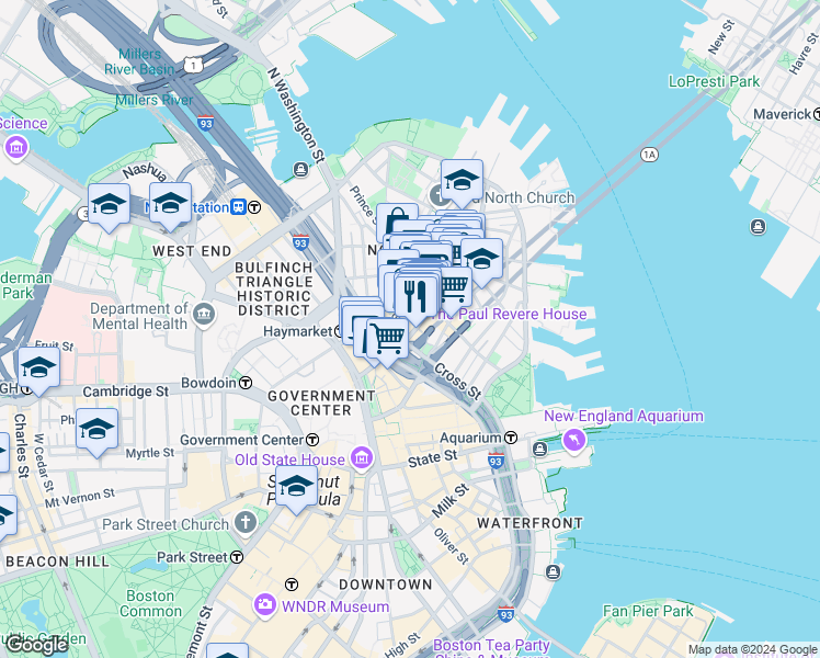 map of restaurants, bars, coffee shops, grocery stores, and more near 252 Hanover Street in Boston