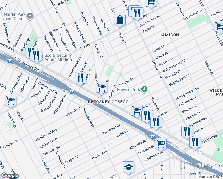 map of restaurants, bars, coffee shops, grocery stores, and more near 8561 Quincy Street in Detroit