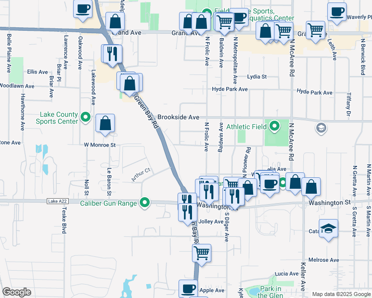 map of restaurants, bars, coffee shops, grocery stores, and more near 2911 West Monroe Street in Waukegan