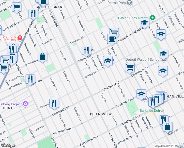 map of restaurants, bars, coffee shops, grocery stores, and more near 7300 Goethe Street in Detroit