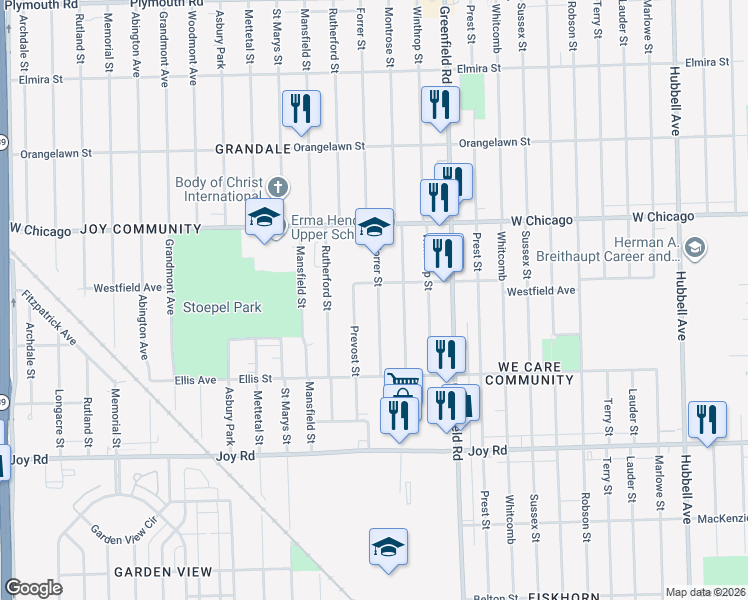 map of restaurants, bars, coffee shops, grocery stores, and more near 9213 Forrer Street in Detroit