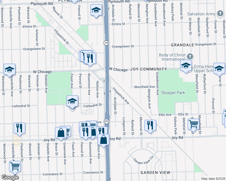 map of restaurants, bars, coffee shops, grocery stores, and more near 9267 Archdale Street in Detroit