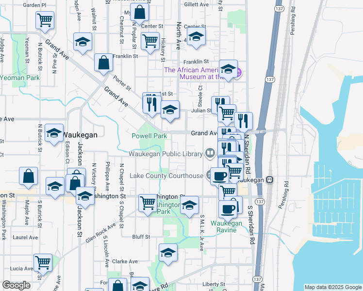 map of restaurants, bars, coffee shops, grocery stores, and more near 216 North West Street in Waukegan