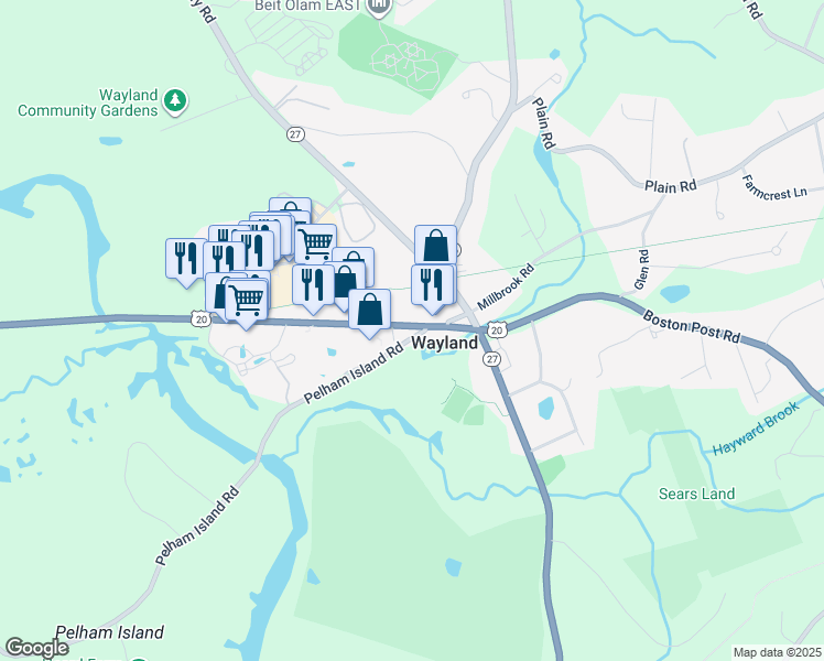 map of restaurants, bars, coffee shops, grocery stores, and more near 24 Boston Post Road in Wayland