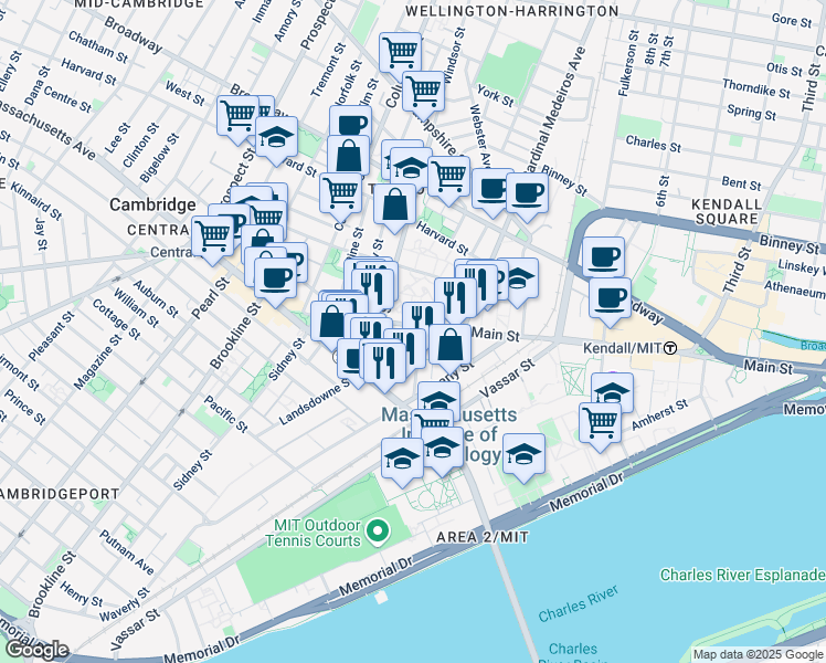 map of restaurants, bars, coffee shops, grocery stores, and more near 730 Main Street in Cambridge
