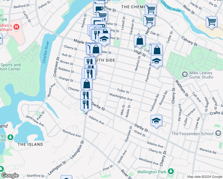map of restaurants, bars, coffee shops, grocery stores, and more near 59 Fuller Street in Waltham