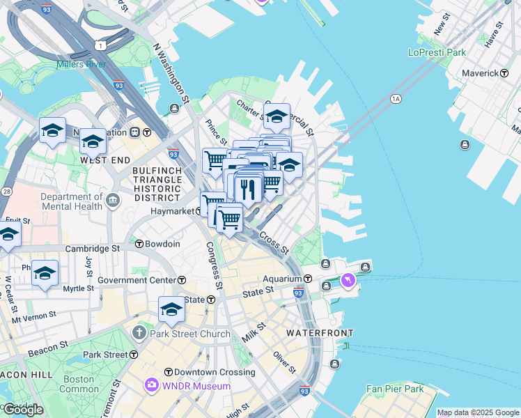 map of restaurants, bars, coffee shops, grocery stores, and more near 150 North Street in Boston