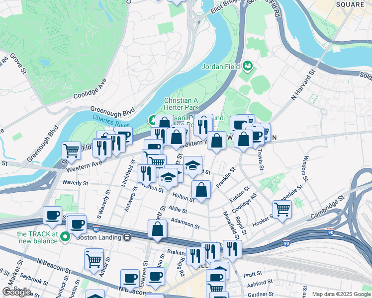 map of restaurants, bars, coffee shops, grocery stores, and more near 287 Western Avenue in Boston