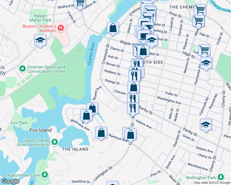 map of restaurants, bars, coffee shops, grocery stores, and more near 21 Chester Avenue in Waltham