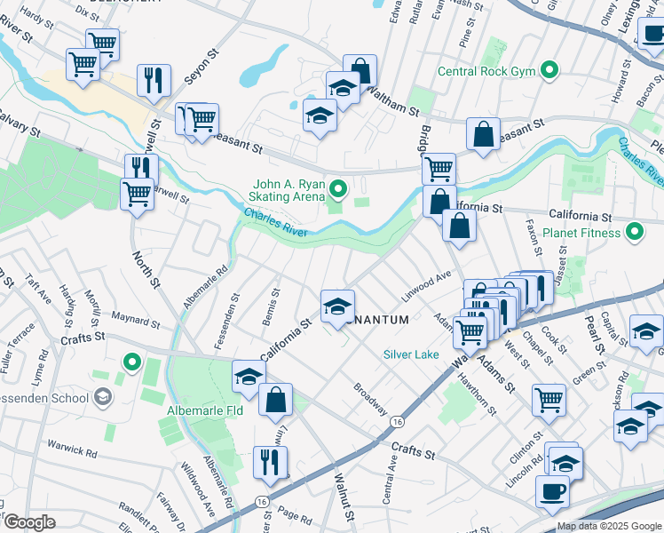 map of restaurants, bars, coffee shops, grocery stores, and more near 22 Thaxter Road in Newton
