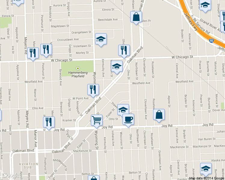 map of restaurants, bars, coffee shops, grocery stores, and more near 5047 Oakman Blvd in Detroit