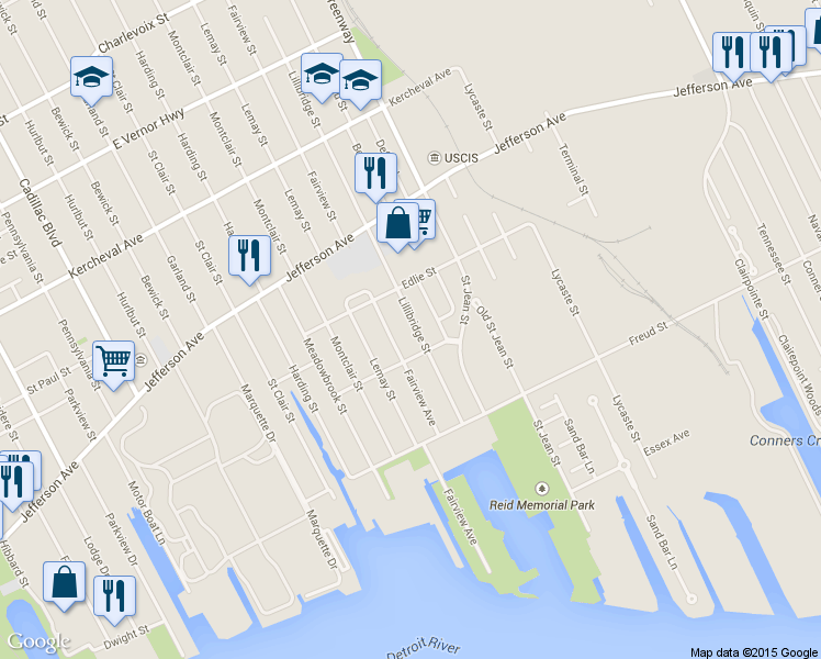 map of restaurants, bars, coffee shops, grocery stores, and more near 651 Lillibridge St in Detroit