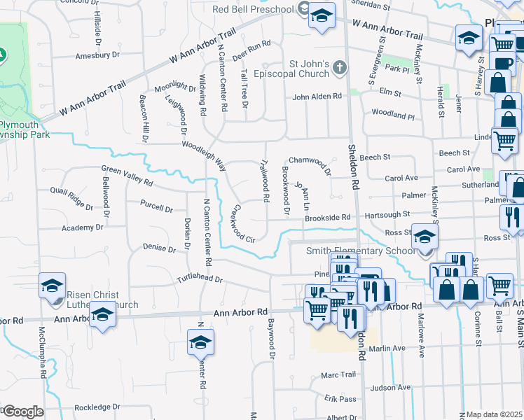 map of restaurants, bars, coffee shops, grocery stores, and more near 10237 Trailwood Road in Plymouth