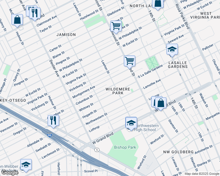 map of restaurants, bars, coffee shops, grocery stores, and more near 2931 Columbus Street in Detroit