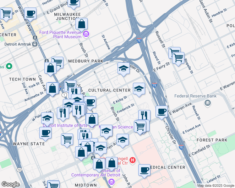 map of restaurants, bars, coffee shops, grocery stores, and more near 5440 Beaubien Boulevard in Detroit