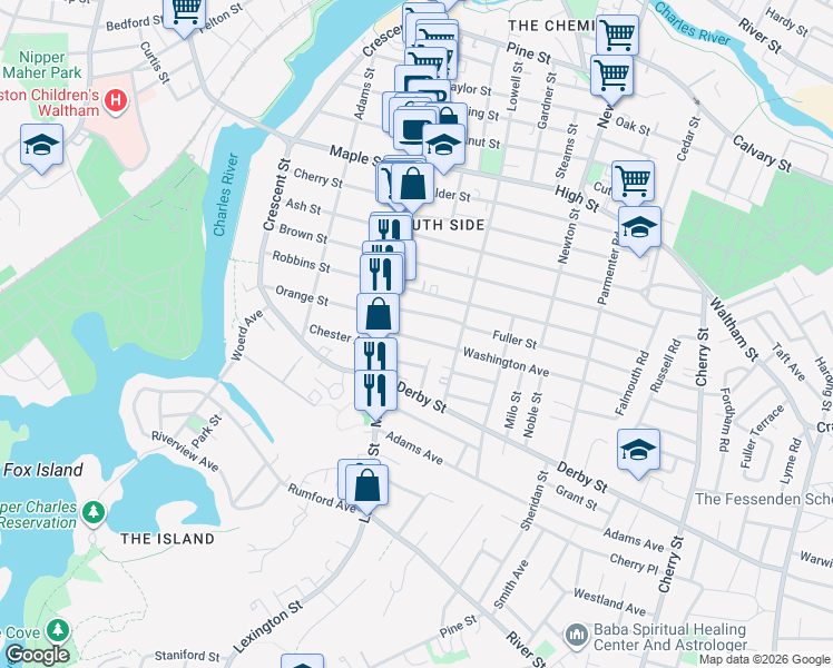 map of restaurants, bars, coffee shops, grocery stores, and more near 16 Washington Avenue in Waltham