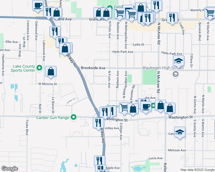 map of restaurants, bars, coffee shops, grocery stores, and more near 122 North Frolic Avenue in Waukegan