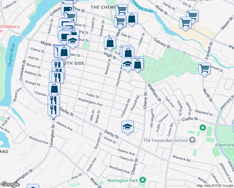 map of restaurants, bars, coffee shops, grocery stores, and more near 37 Cambria Road in Waltham