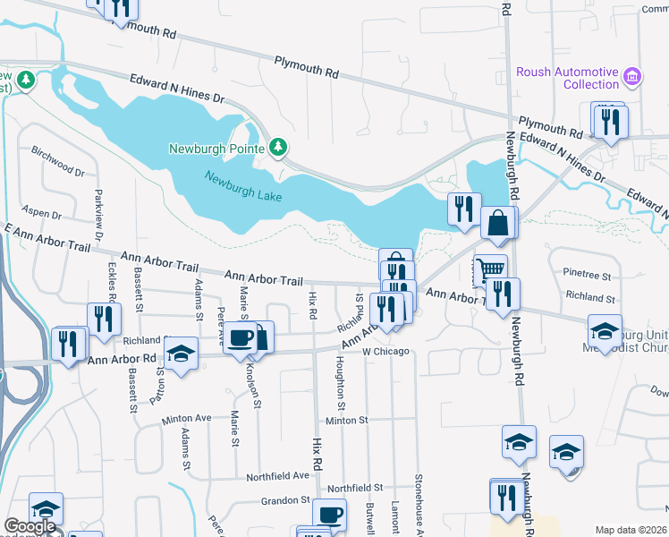 map of restaurants, bars, coffee shops, grocery stores, and more near 38220 Ann Arbor Trail in Livonia