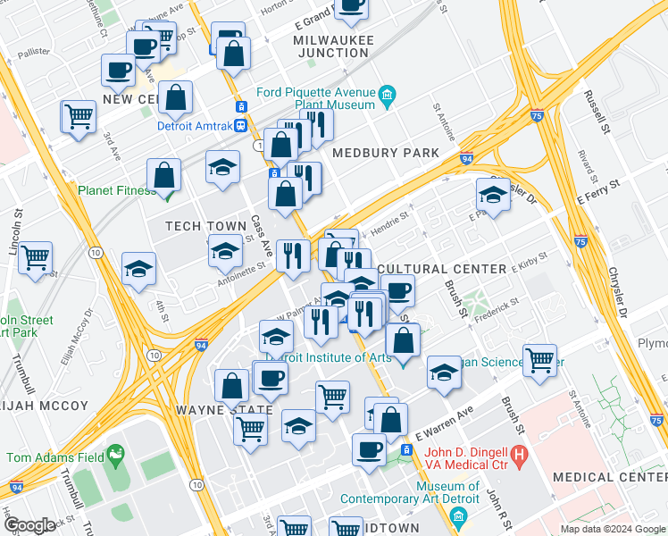 map of restaurants, bars, coffee shops, grocery stores, and more near 5750 Woodward Avenue in Detroit