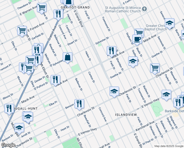 map of restaurants, bars, coffee shops, grocery stores, and more near 3268 Canton Street in Detroit