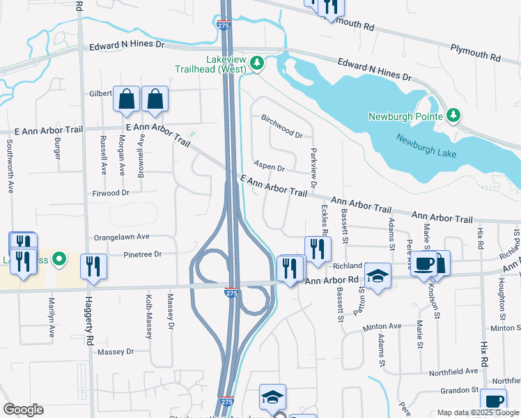 map of restaurants, bars, coffee shops, grocery stores, and more near 39715 Greenview Place in Plymouth