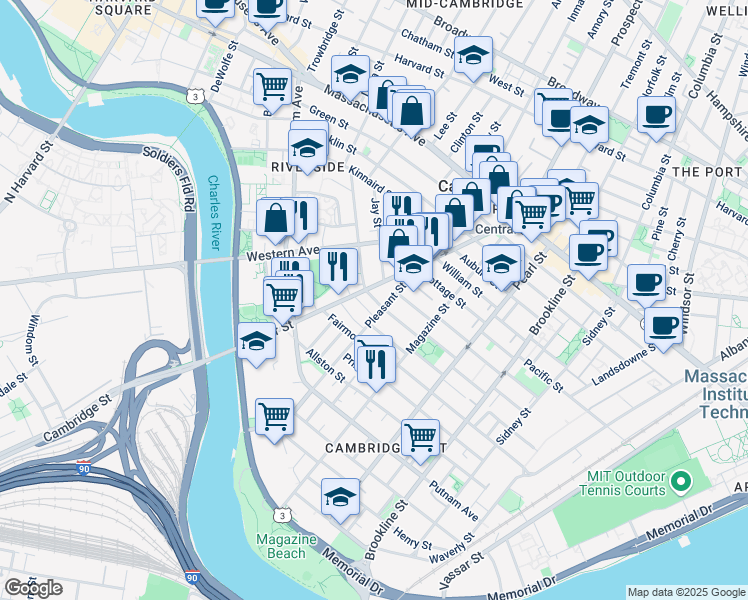 map of restaurants, bars, coffee shops, grocery stores, and more near 17 Laurel Street in Cambridge
