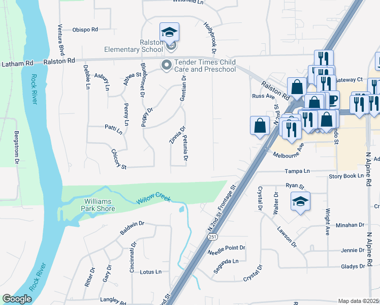 map of restaurants, bars, coffee shops, grocery stores, and more near 9691 Petunia Drive in Machesney Park