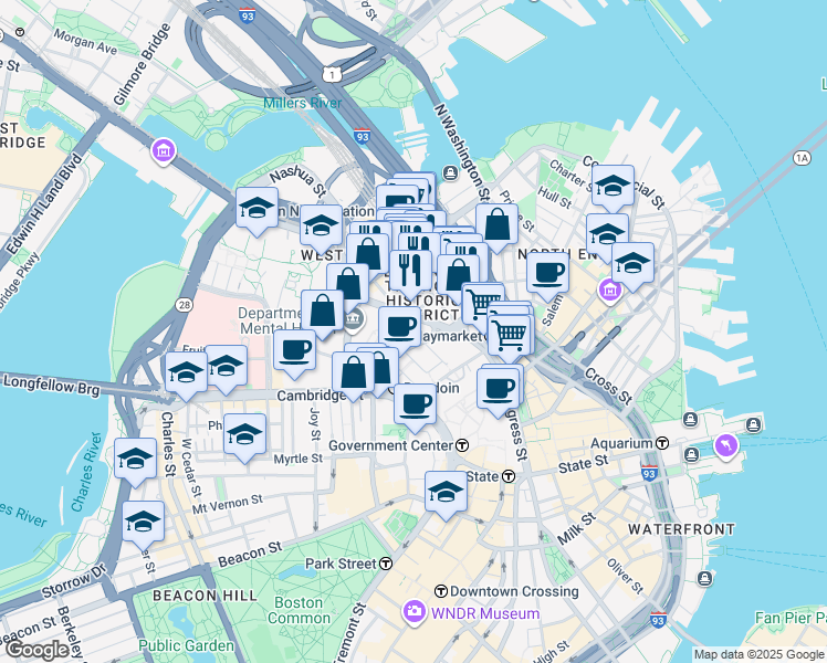 map of restaurants, bars, coffee shops, grocery stores, and more near 24 New Chardon Street in Boston