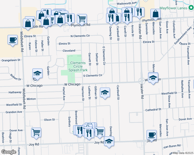 map of restaurants, bars, coffee shops, grocery stores, and more near 28115 South Clements Circle in Livonia