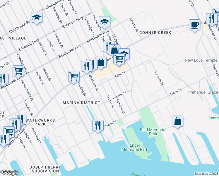 map of restaurants, bars, coffee shops, grocery stores, and more near 679 Fairview Street in Detroit