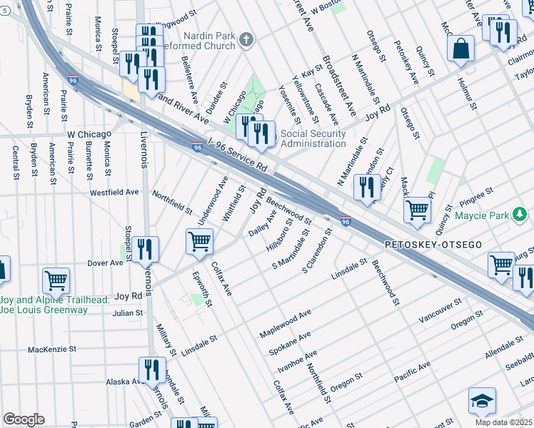 map of restaurants, bars, coffee shops, grocery stores, and more near 5042 Dailey Avenue in Detroit