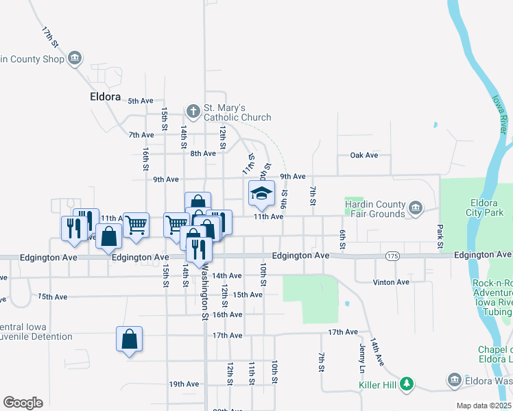 map of restaurants, bars, coffee shops, grocery stores, and more near 1006 10th Street in Eldora