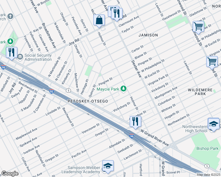 map of restaurants, bars, coffee shops, grocery stores, and more near 4109 West Philadelphia Street in Detroit
