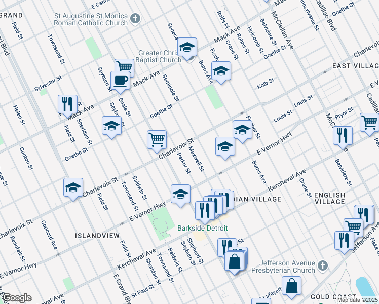 map of restaurants, bars, coffee shops, grocery stores, and more near 2549 Maxwell Street in Detroit