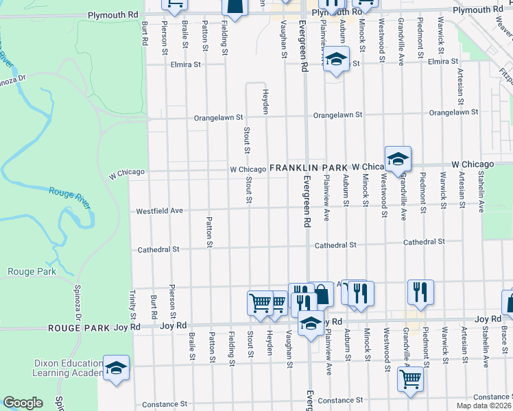 map of restaurants, bars, coffee shops, grocery stores, and more near 9304 Stout Street in Detroit