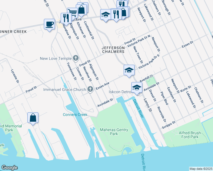 map of restaurants, bars, coffee shops, grocery stores, and more near 497 Kitchener Street in Detroit