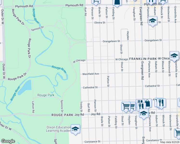 map of restaurants, bars, coffee shops, grocery stores, and more near 9316 Burt Road in Detroit