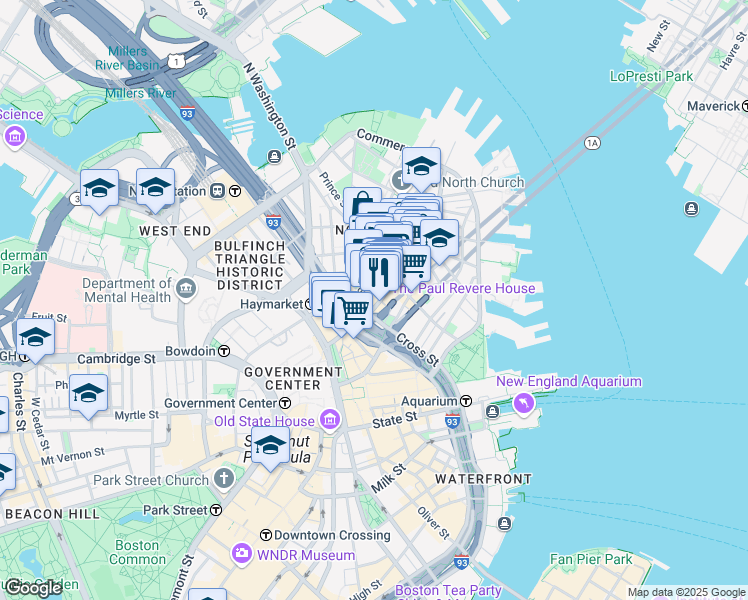 map of restaurants, bars, coffee shops, grocery stores, and more near in Boston