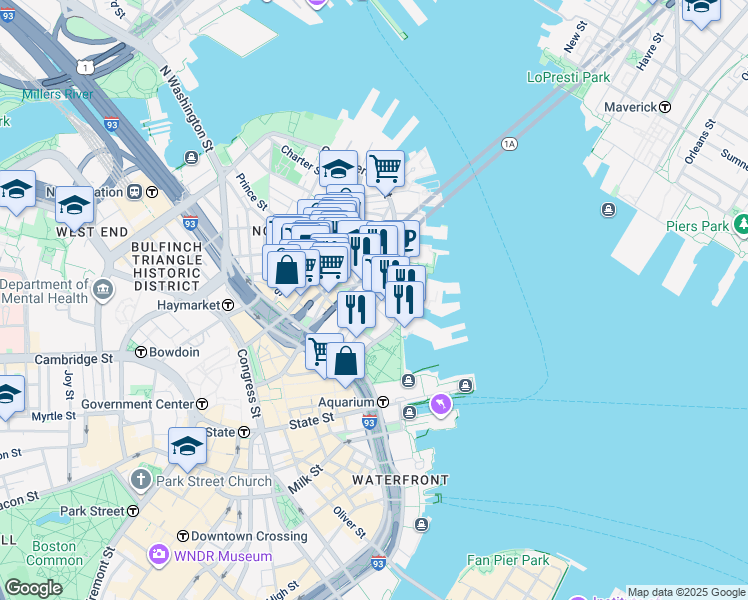 map of restaurants, bars, coffee shops, grocery stores, and more near in Boston