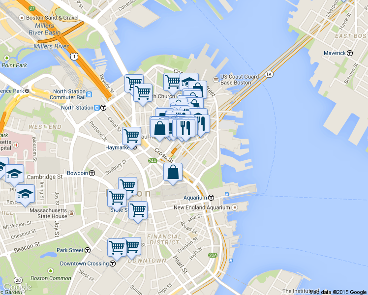 map of restaurants, bars, coffee shops, grocery stores, and more near 35 Quincy Court in Boston