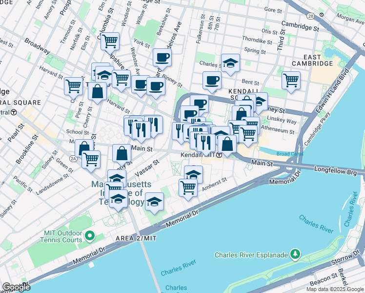 map of restaurants, bars, coffee shops, grocery stores, and more near 415 Main Street in Cambridge