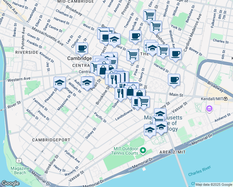 map of restaurants, bars, coffee shops, grocery stores, and more near 378 Massachusetts Avenue in Cambridge
