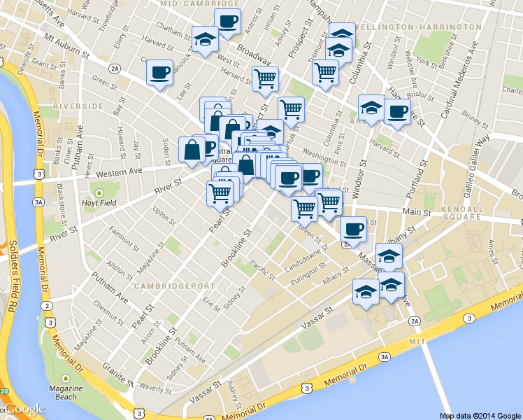 map of restaurants, bars, coffee shops, grocery stores, and more near 180 Franklin Street in Cambridge